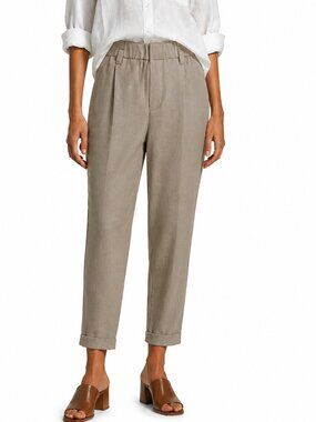 Brunello Cucinelli Tan Khaki Pants Relax Fit Elastic Waist Viscose Linen Size 10